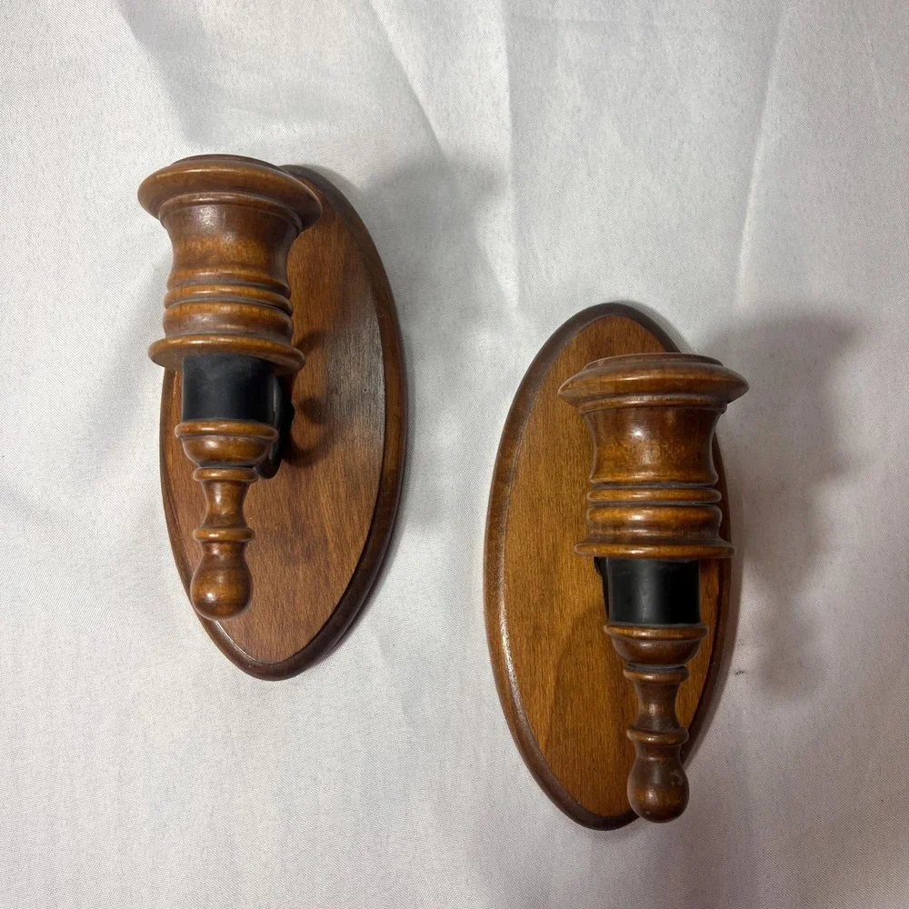 VTG Wood Wall Candle Sconces Pair Colonial Turned Wood Candle Holders American
